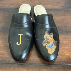 Alepel Hand Painted Leather Mules size 10  Art to Wear  Dog German Shepherd "J"
